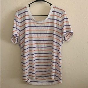 Teeshirt with red yellow purple and blue stripes